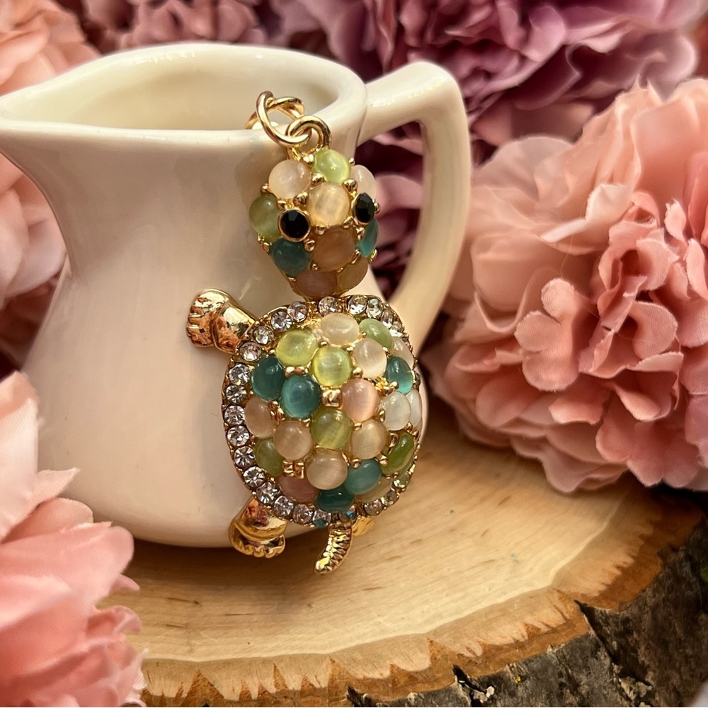 Gorgeous Crystal and Beaded Pastel Turtle Keychain Charm - Picture 3 of 16